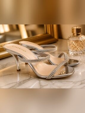bebe Silver Rhinestone Slip-On Heeled Sandals